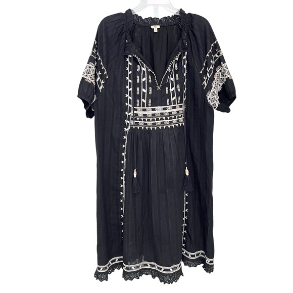 Reba XL Black Embroidered Boho Cotton Tassel Midi Dress Eyelet Hem - Picture 1 of 11